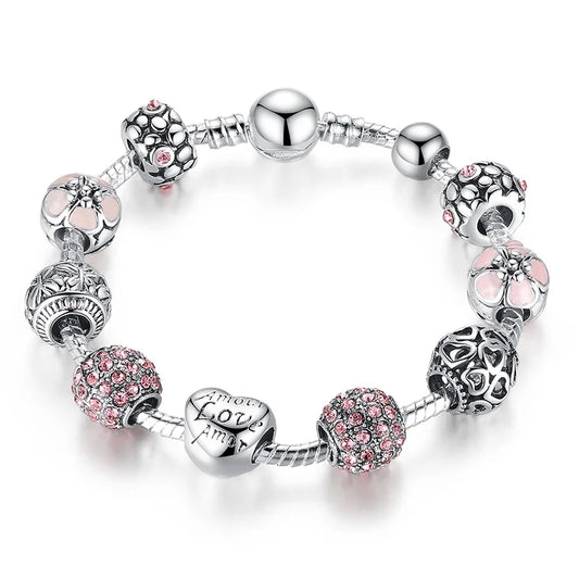 Qawwiy Silver Plated Charm Bracelet - Love and Flower Beads