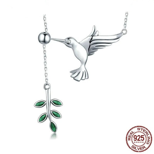 Qawwiy 925 Sterling Silver Spring Bird & Tree Leaf Necklace