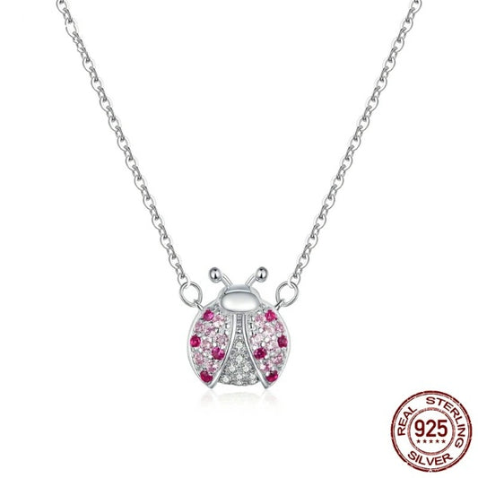 Qawwiy 925 Sterling Silver Pink Ladybug Pendant Necklace