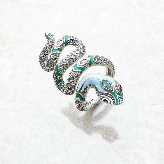 Qawwiy Blue Snake Pave Open Ring - 925 Sterling Silver