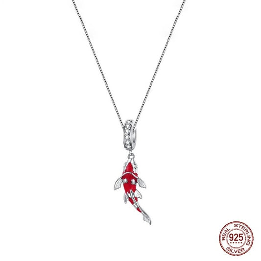 Qawwiy 925 Sterling Silver Red Enamel Fish Pendant Necklace