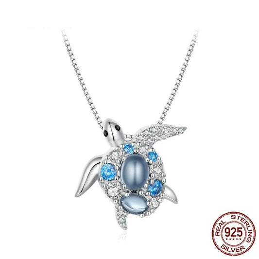 Qawwiy 925 Sterling Silver Blue Spinel Sea Turtle Necklace