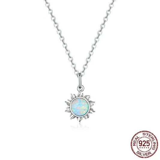 Qawwiy 925 Sterling Silver White Opal Sun Pendant Necklace